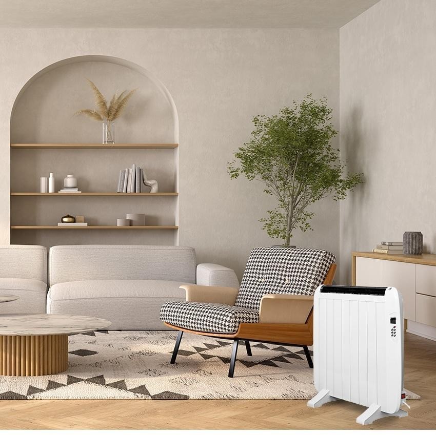 emisor térmico 1200w en aluminio blanco, control remoto, pantalla lcd, temporizador, mural/portátil, 58.5x72x5.5 cm, ideal para calefacción eficiente.