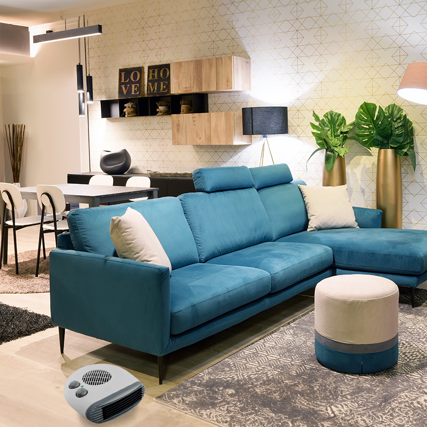 calefactor blanco detalle azul, práctico 2000w, función ventilador, protección contra sobrecalentamiento