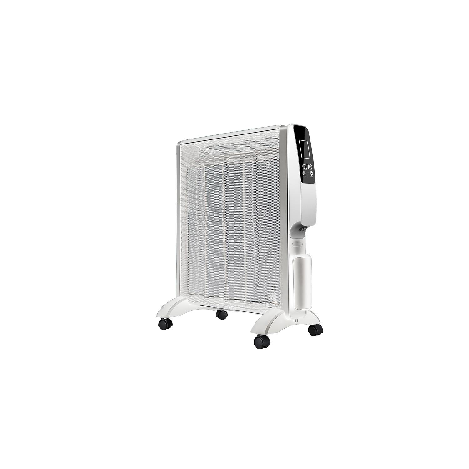 radiador de mica Abrigo 2000W con 4 elementos en blanco y plata. Incluye mando a distancia, 2 potencias, sistema antivuelco y temporizador. Dimensiones: 61,5x56x26,5 cm.