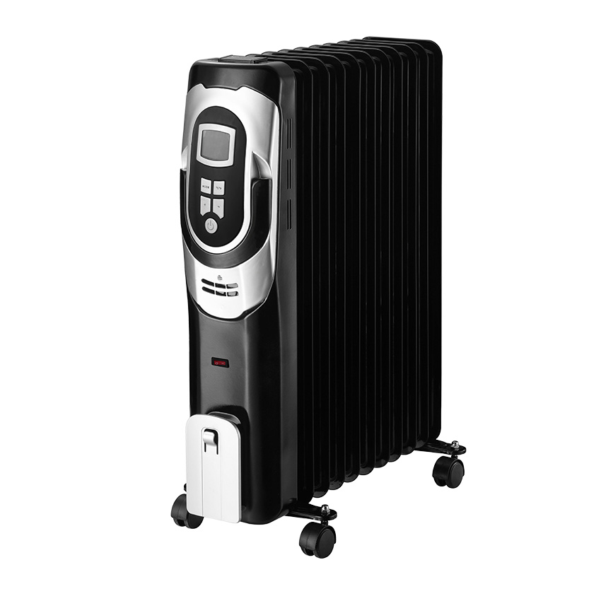 radiador de aceite Confort 2500W en negro y plata, 11 elementos. Con termostato ajustable, temporizador y ruedas. Dimensiones: 62x49x24 cm. Ideal para calentar cualquier espacio.