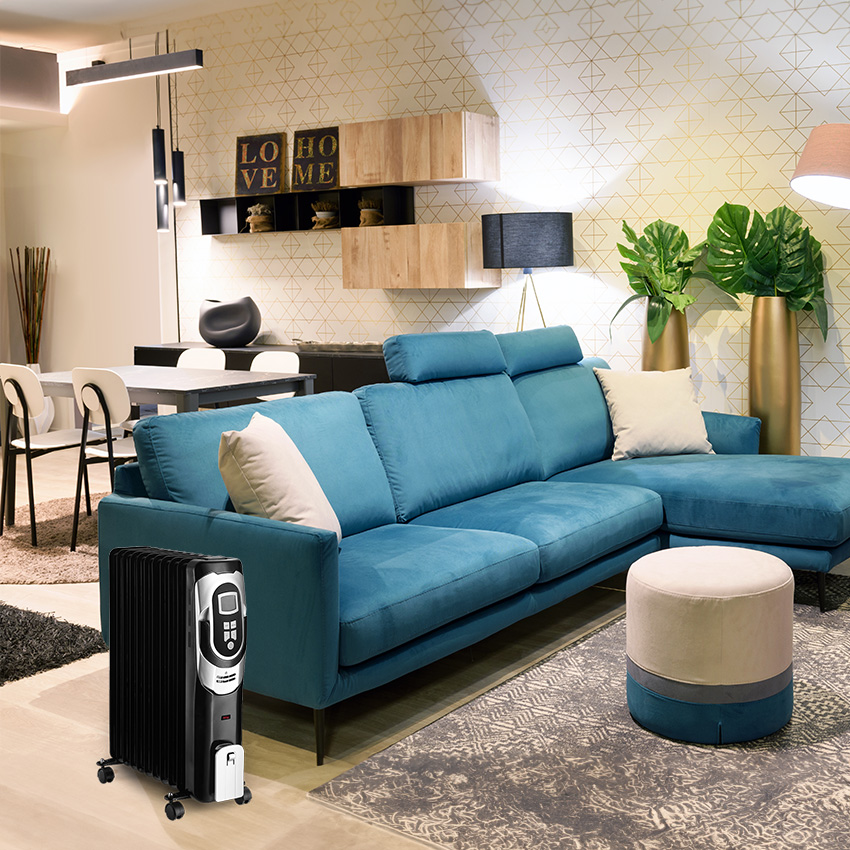 radiador de aceite Confort 2500W en negro y plata, 11 elementos. Con termostato ajustable, temporizador y ruedas. Dimensiones: 62x49x24 cm. Ideal para calentar cualquier espacio.