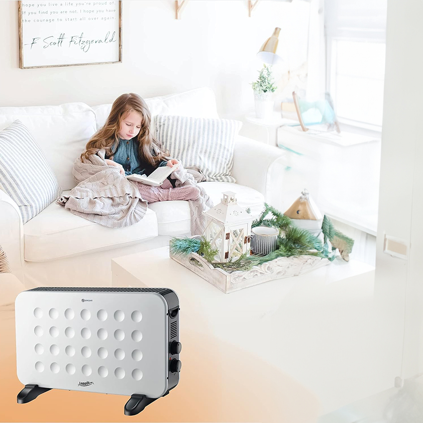convector Hogar 2000W en blanco y negro elegante. Ofrece 2 potencias, termostato regulable y protección contra sobrecalentamiento. Medidas: 38x61x22 cm. Ideal para tus espacios.
