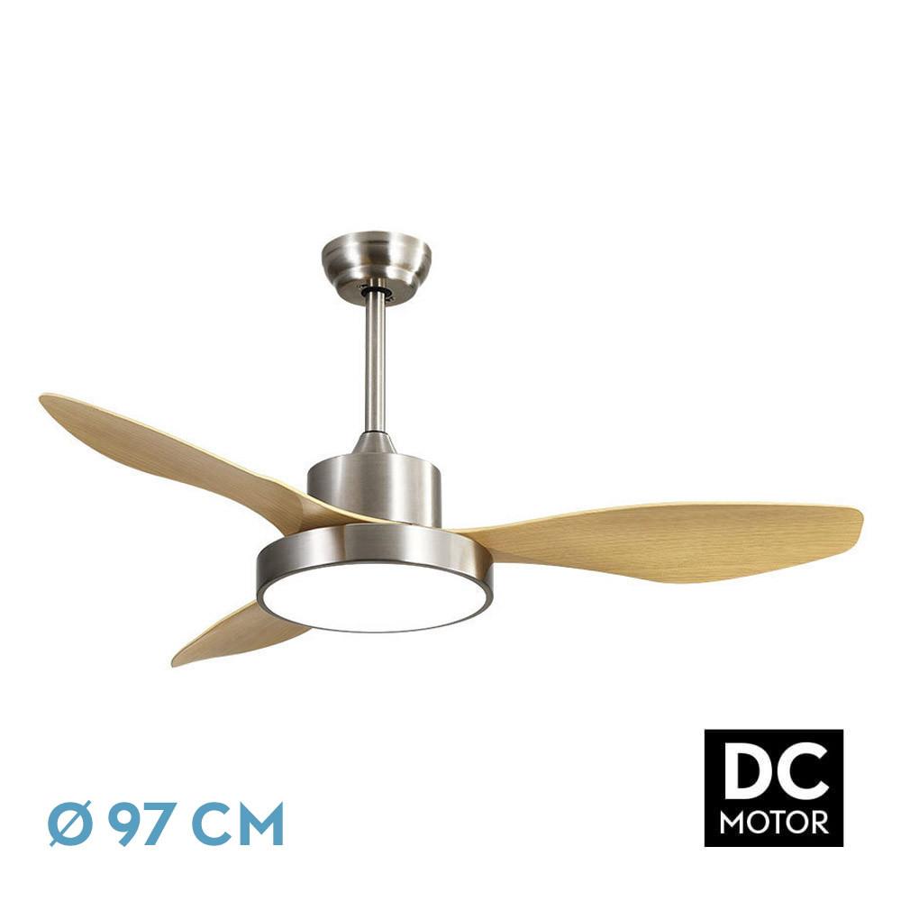 ventilador DC 24W, 2650lm, níquel/haya, 3 aspas, 6 velocidades, 3000-4000-6000K, control remoto, memoria y temporizador; ideal para refrescar espacios.