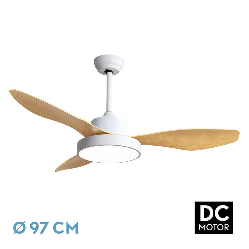 ventilador DC 24W 2650lm Blanco/Haya, 3 Aspas, 97° - 3000-4000-6000K, Control Remoto, Memoria y Temporizador para climatización eficiente.