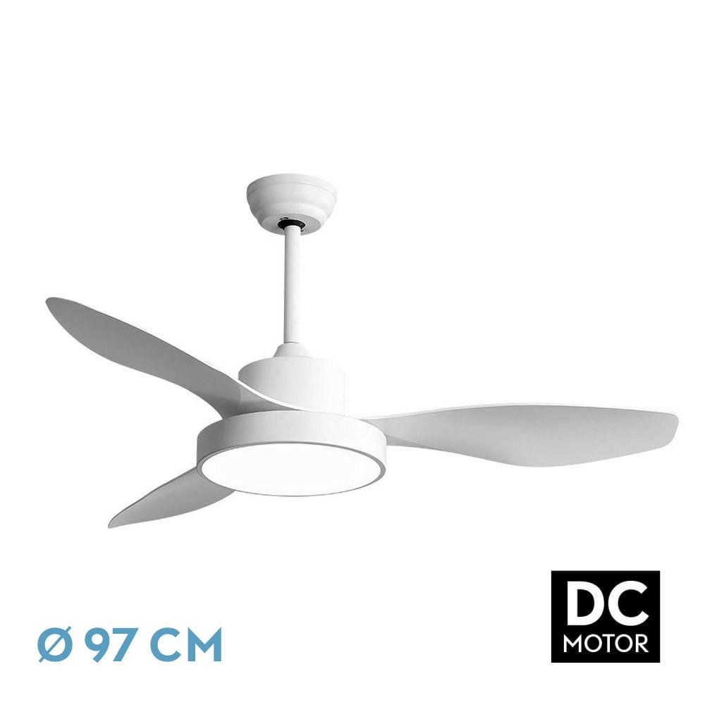 ventilador DC 24W, 2650lm, blanco, 3 aspas, 6 velocidades, 97dB, 3000-4000-6000K, remoto, memoria y temporizador, ideal para refrescar espacios.