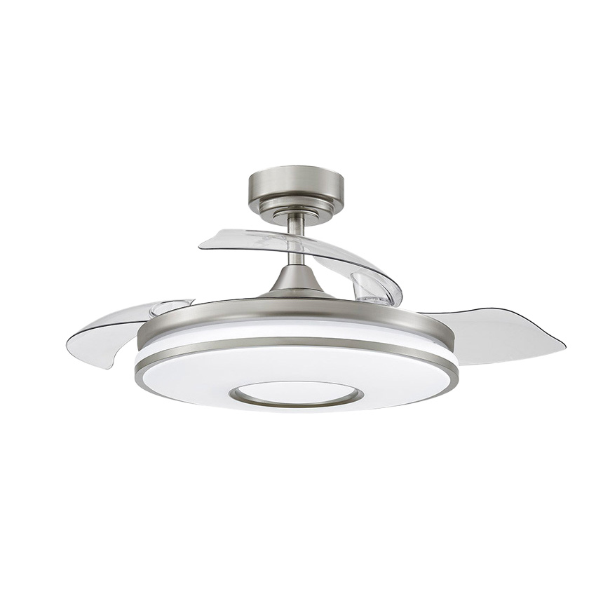 ventilador DC 59W, 6980lm, níquel, 4 aspas, 6 velocidades, 3000-4000-6000K, control remoto, regulación de intensidad, memoria, temporizador; ideal para climatización y confort.