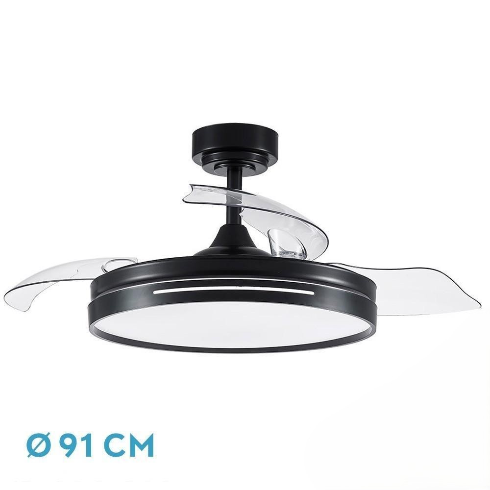 ventilador dc 48w, 3 aspas, 6 velocidades, 4800 lm, 3000-4000-6000k, control remoto, memoria, temporizador, ideal para climatización y confort.