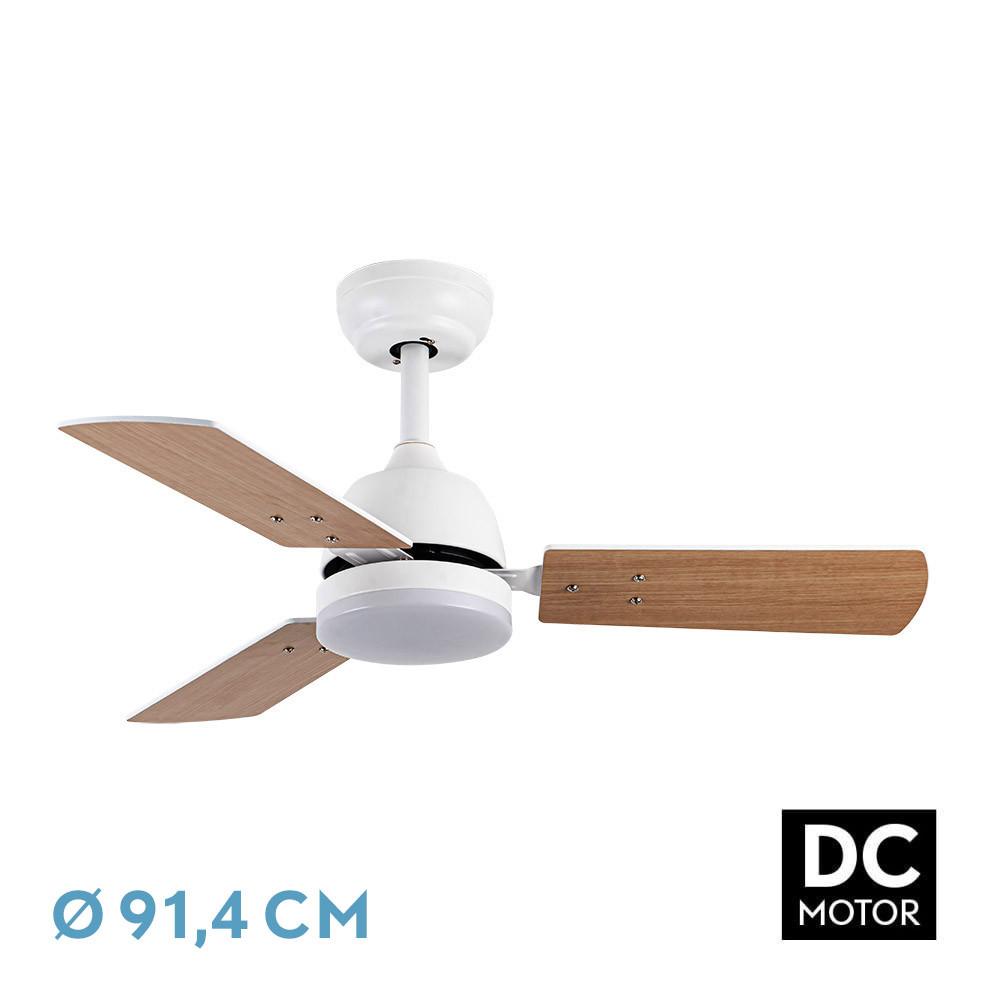 ventilador DC 20W, 3 aspas, 6 velocidades, luz 3000K/4000K/6500K, 2350 lm, control remoto, memoria y temporizador; ideal para frescura y confort.