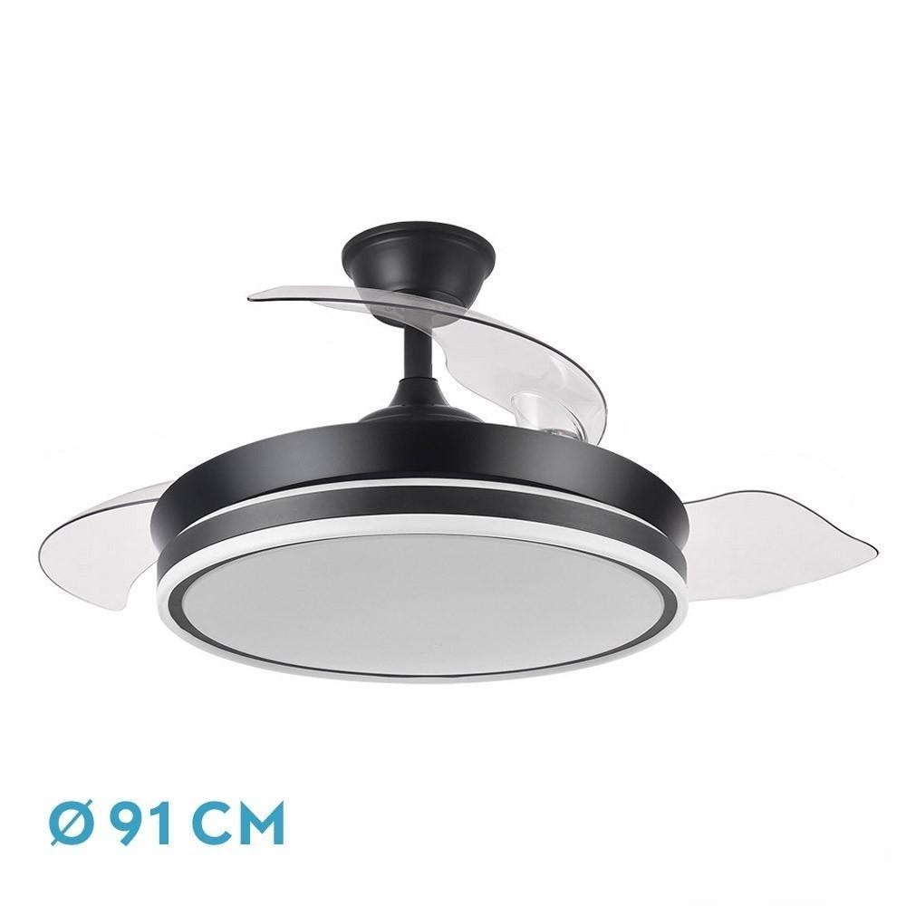 ventilador dc 72w 6120lm 91d 3 aspas desplegables 3000-4000-6000k con control remoto y temporizador, ideal para climatización y comodidad.