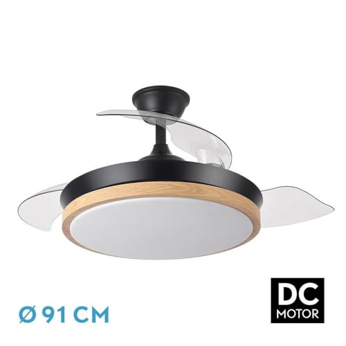 ventilador DC 72W 6120lm 91dB 3 aspas desplegables 3000-4000-6000K, con control remoto, temporizador y memoria; ideal para climatización y confort.