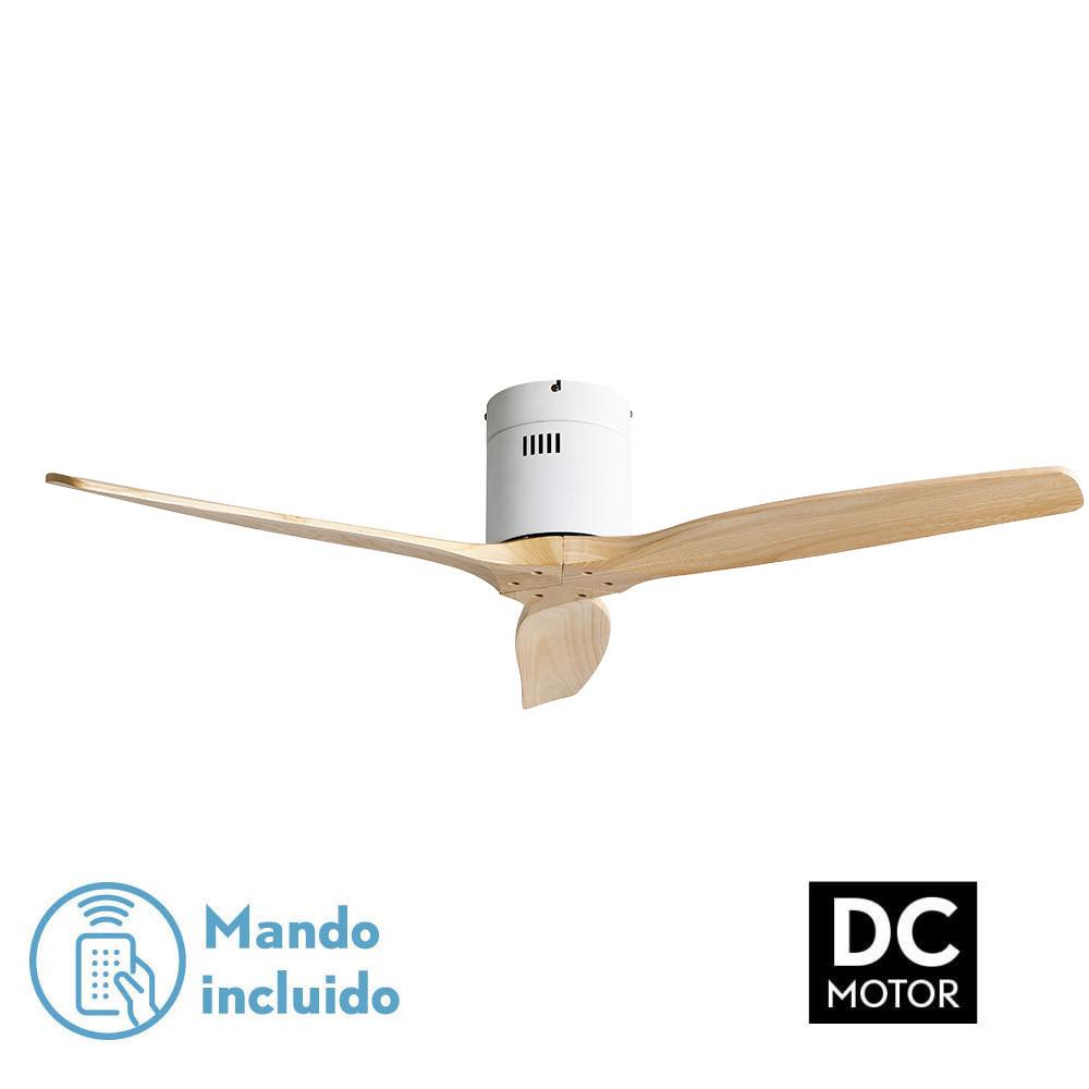 ventilador DC blanco con 3 aspas, 6 velocidades, control remoto, temporizador y sin luz, ideal para climatización y ventilación eficiente.
