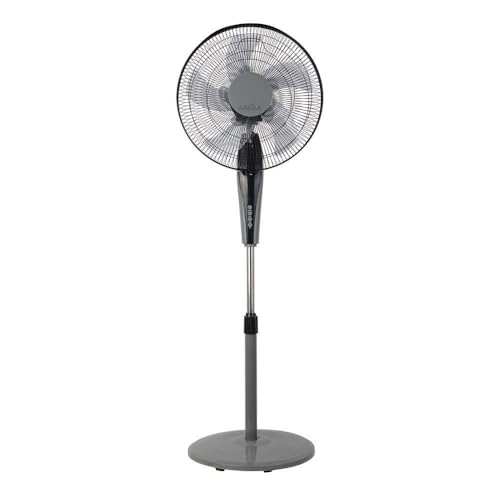 ventilador de pie, 3 velocidades, 55W, 5 aspas, orientable, con control remoto y temporizador, ideal para enfriar espacios.