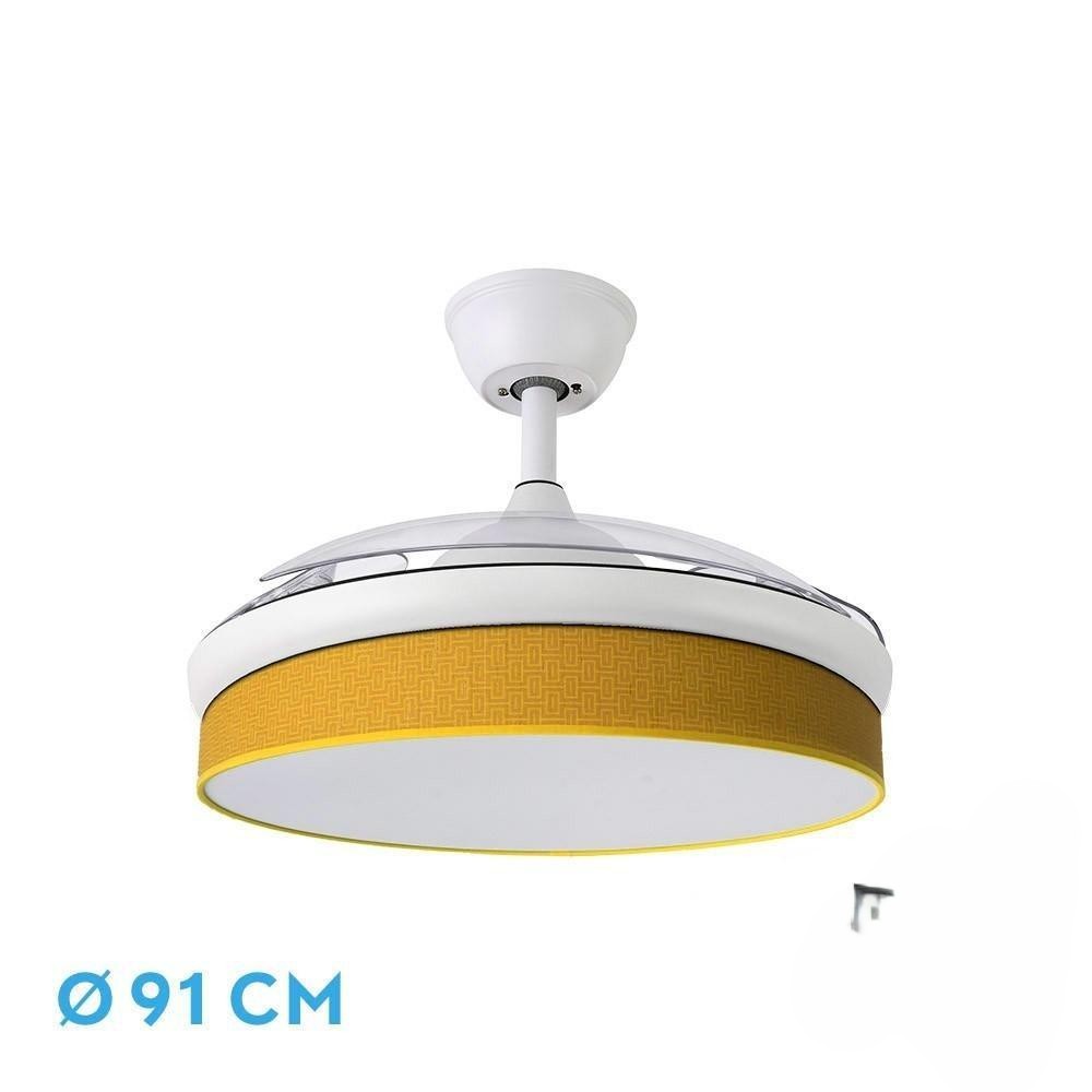ventilador dc 72w blanco/amarillo, 91d, 3 aspas, 7200lm, luz 3000-6000k, control remoto, memoria, temporizador - ideal para climatización y confort.